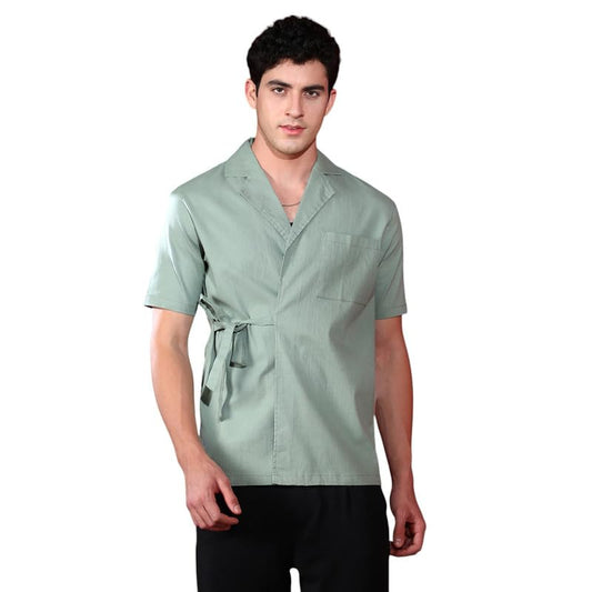 Campus Sutra Mens Sage Green Korean Wrap Shirt for Casual Wear | Cuban Collar | Short Regular Sleeves | Tie-Up Closure | Shirt