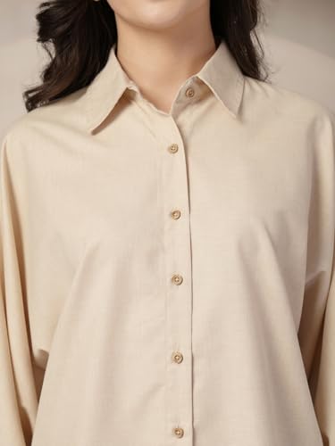 Style Quotient Women Beige Polycotton Solid Oversize Smart Casual Shirt