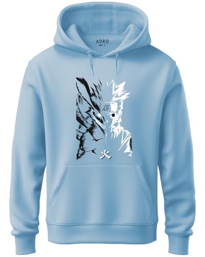 ADRO Mens Hoodies with Naruto Uzumaki Anime Printed, 100% Cotton 340GSM Warm & Soft Fabric. (H23-M-NRR-SK_SkyBlue_XL)
