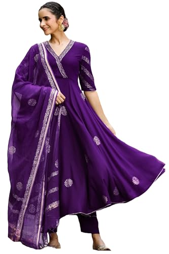 GoSriKi Womens Rayon Blend Anarkali Printed Kurta with Pant & Dupatta (Berlin BEGANI-GS_S_Begani_Small)