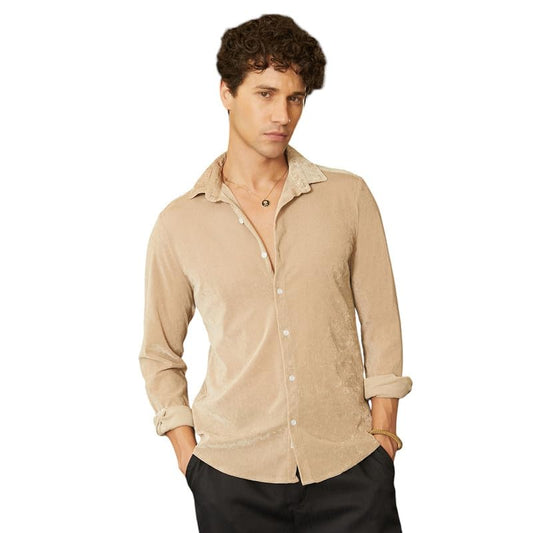 Campus Sutra Mens Buff Beige Solid Velvet Shirt for Casual Wear | Spread Collar | Long Sleeve | Button Closure | Shirt Crafted