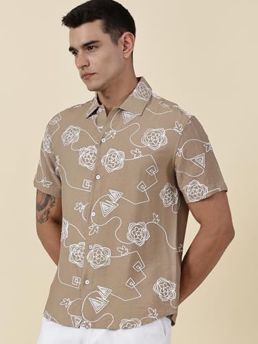 Thomas Scott Oversized Fit| 100% Cotton | Spread Collar | Short Sleeve | Embrodiered | Shirts for Men Beige