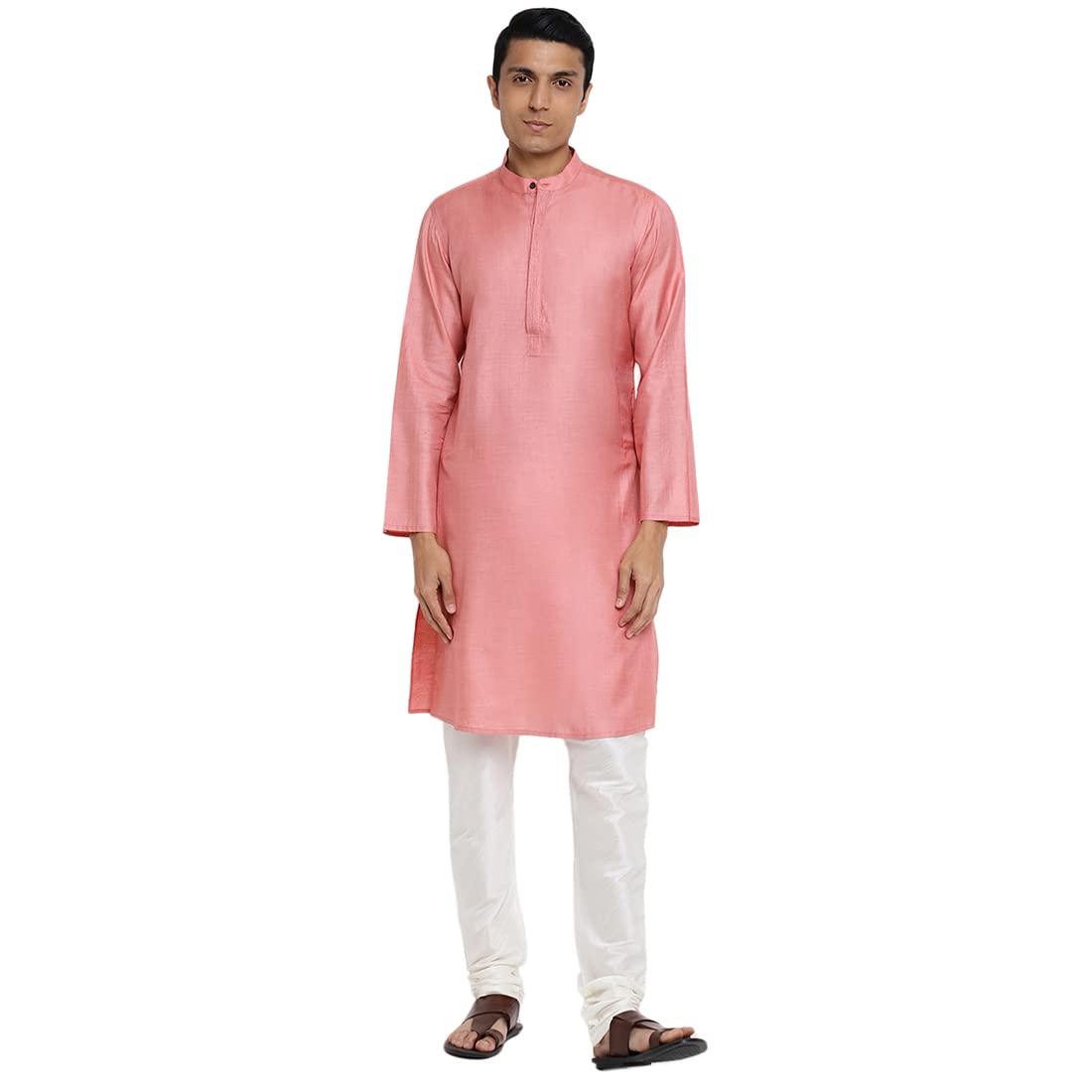 Fabindia Men Silk Long Kurta Slim Fit Pink_XS