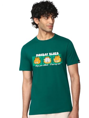 Bewakoof Official Garfield Merchandise MenS Graphic Print Regular Fit Half Sleeve Round Neck Pure Cotton T-Shirt_684493_Green_L
