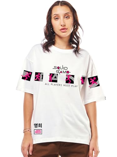Bewakoof Official Squid Game Merchandise Womens Graphic Print Oversized Fit Half Sleeve Round Neck Cotton T-Shirt_683821_White_
