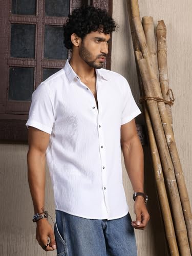 Thomas Scott Regular Fit Self Design Textured Cuban Collar Casual Shirt for Mens White