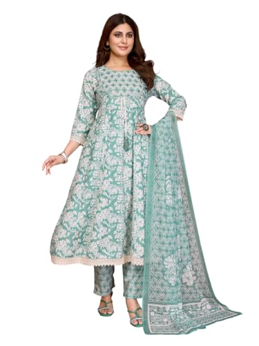 rangita Green Linen Embroidered Anarkali Calf Length Kurta with Pant and Dupatta | Kurta Set for Women