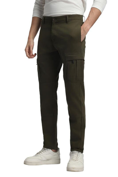 Dennis Lingo Mens Cotton Lycra Full Length Solid Slim Fit Cargo Trousers Olive