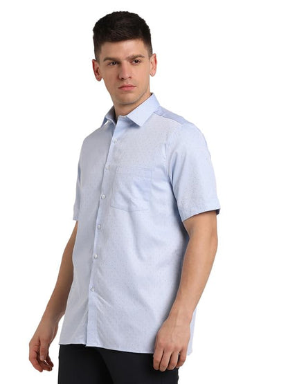 Turtle Men 100% Cotton Light Blue Self Design Regular fit Halfl Sleeve Formal Shirt