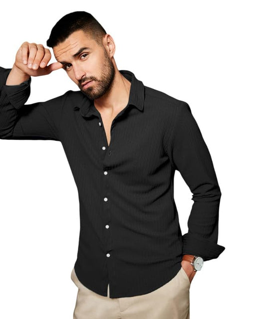 Campus Sutra Mens Onyx Black Stripe-Creased Shirt for Casual Wear | Spread Collar | Long Sleeve | Button Closure | Shirt Crafte