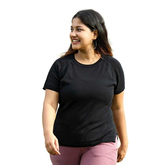 BlissClub Pointelle at-Ease CottonKnit Top | 100% Cotton top| Breathable | Ventilation Panels | Short Sleeves