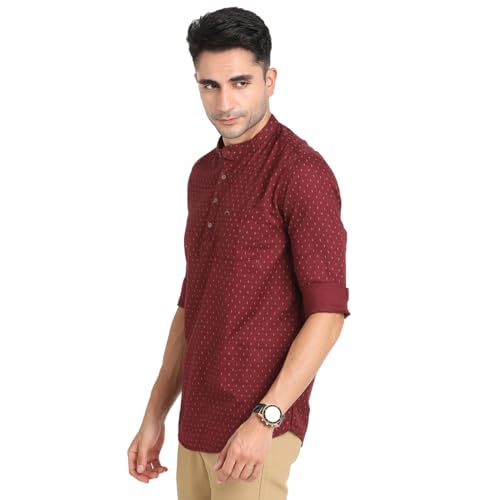 Turtle Men 100% Cotton Maroon Printed Slim Fit Casual Kurta Shirt