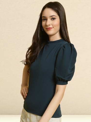 Tee Projekt Womens Casual Trendy Top with Stylish Short Puff Sleeves ll Casual Round Neck Tee with Classic Pattern Top