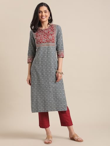 Varanga Women Blue And Maroon Printed Round Neck Straight Kurta With Contrast Printed Yoke And 3/4Th Regular Sleeves