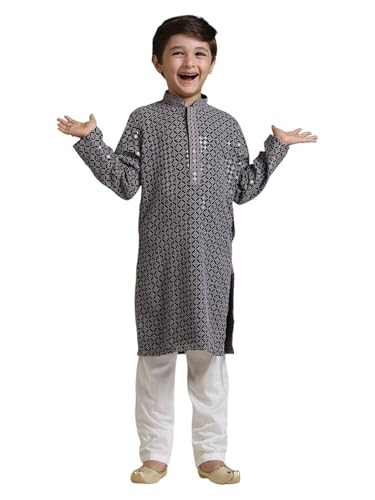 Manyavar Boys Viscose Chikankari Sequined Kurta Pyjama Set (2Pcs)(6-8 Years)