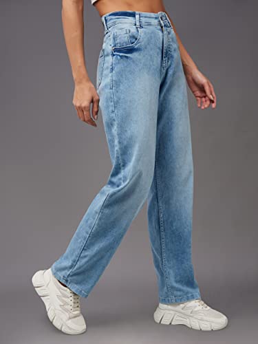Miss Chase WomenS Light Blue Wide-Leg Fit High Rise Regular Length Stretchable Denim Jeans