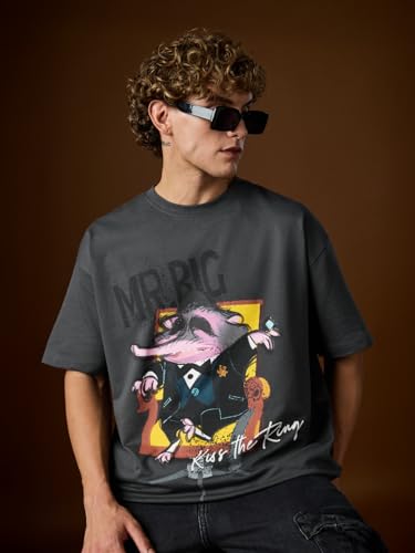 The Souled Store Disney: Mr.Big Men and Boys Short Sleeves Round Neck Grey Graphic Printed Cotton Oversized T-Shirts