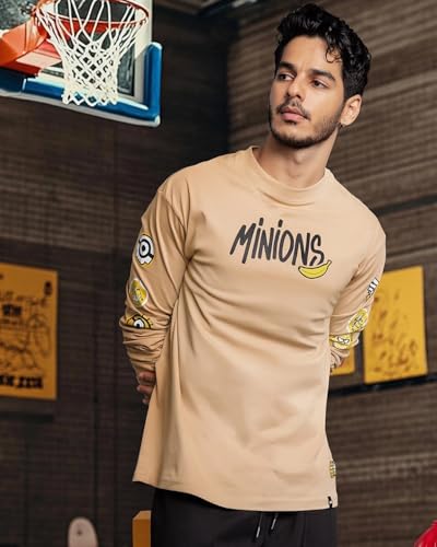 Bewakoof X Official Minions Merchandise Mens Brown Minion Badge Graphic Printed 100% Cotton T-Shirt - Oversized Fit, Round Neck