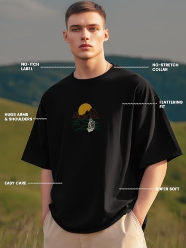 Nobero MenS Graphic Print Oversized Fit T-Shirt (1M-Twrt-C1018-Bl_Mountains Are Calling-Black