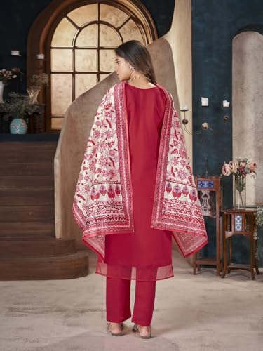 Stylum WomenS Red Solid & Embroidered Silk Straight Kurta Pant Dupatta Set