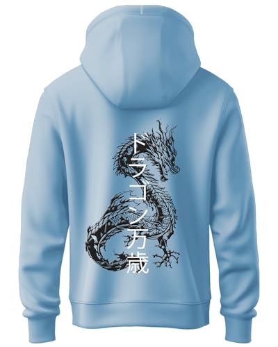 ADRO Mens Hoodies with Hail The Dragon Puff Backside Printed, 100% Cotton 340GSM. (H23-M-DRA-SK_SkyBlue_XL)