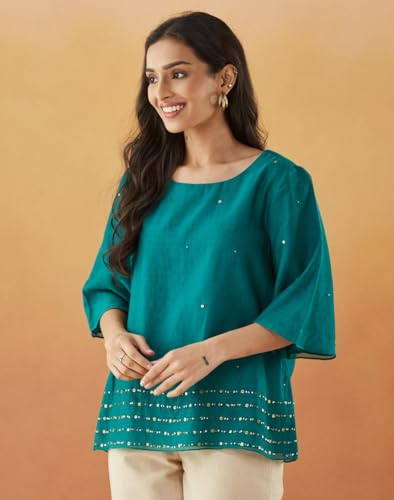 Fabindia WomenS Embellished Regular Fit Tops (1038714Green_Green
