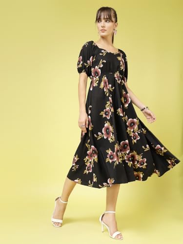 OOMPH! Womens Western & Fusion wear Printed Crepe Dress for Women, Puffed Sleeve, Black - md988