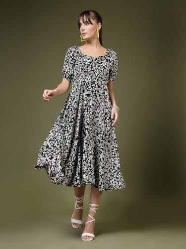 OOMPH! Womens Western & Fusion wear Printed Crepe Dress for Women, Puffed Sleeve, Black - md987