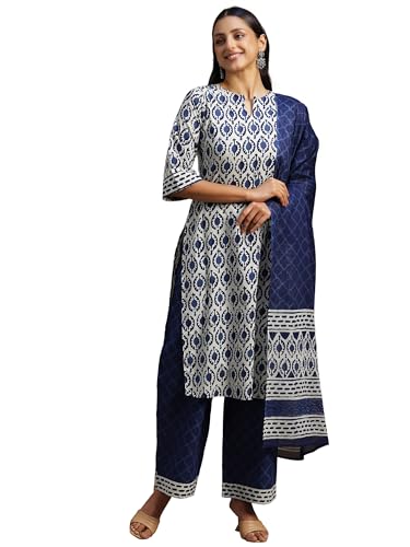 Libas Blue Printed Cotton Straight Kurta With Palazzos & Dupatta
