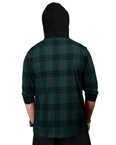 EyeBolger Mens Checkered Hooded Neck Full Sleeve T-Shirt Teal Blue Black