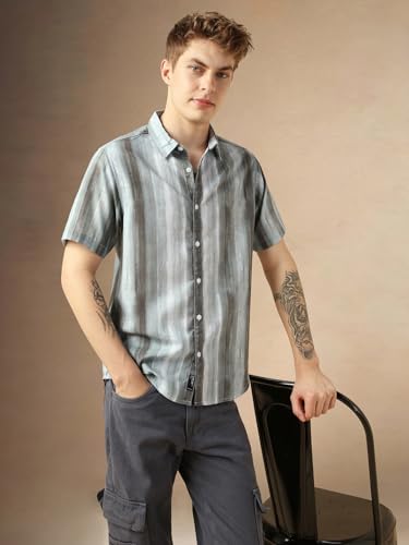 Dennis Lingo MenS Grey Cotton Spread Collar Short Sleeves Printed Shirts