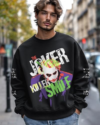 Bewakoof Official DC Merchandise Joker Mens Graphic Printed Oversized Fit Full Sleeve Round Neck Terry Sweatshirt_648588_Black_