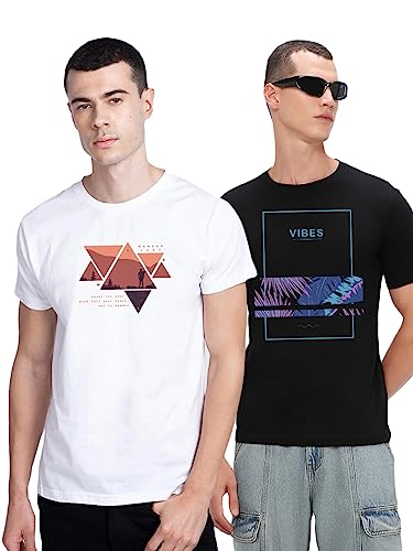 Bewakoof Mens Symbol and Vibes Printed 100% Cotton T-Shirts (Pack of 2) - Regular Fit, Round Neck, Half Sleeves_601724_White & 
