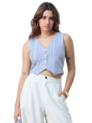 The Souled Store Linen Blend Vest: Aztec Women and Girls V Neck Sleeveless Button Front Blue Printed Polyester Blend Regular Fit