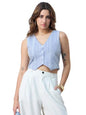 The Souled Store Linen Blend Vest: Aztec Women and Girls V Neck Sleeveless Button Front Blue Printed Polyester Blend Regular Fit