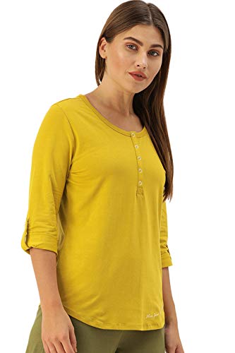 Enamor Essentials Womens Slim Fit Henley Neck 3/4th Sleeves Cotton Tee with Snap Button Placket Front & Sleeve Tab - E129(E129-