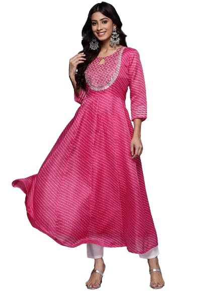 Varanga Pink Lehariya Printed Anarkali Emroidered Kurta
