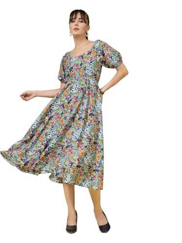 OOMPH! Womens Western & Fusion wear Printed Crepe Dress for Women, Puffed Sleeve, Grey - md992