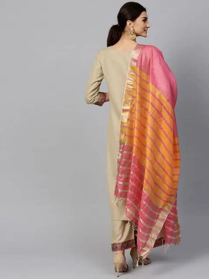 ANNI DESIGNER Women's Cotton Straight Solid Kurta with Pant & Dupatta (My Hit-Beige-Jan10)