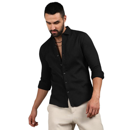 Campus Sutra Mens Onyx Black Chain-Creased Shirt for Casual Wear | Spread Collar | Long Sleeve | Button Closure | Shirt Crafted