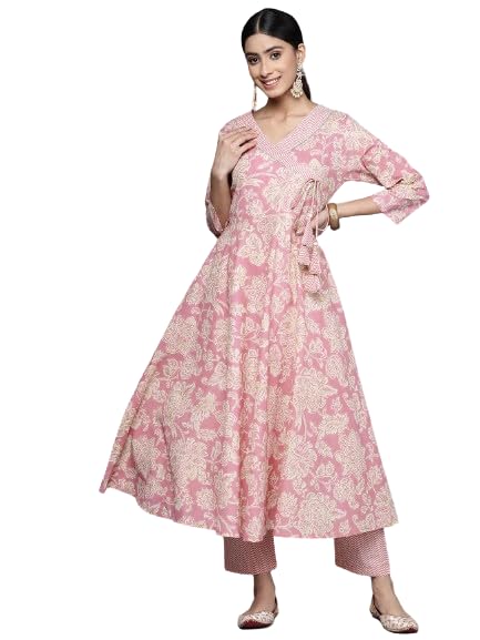 Varanga Women Pink Floral Printed Angrakha Style Anarkali Kurta Paired With Printed Bottom.