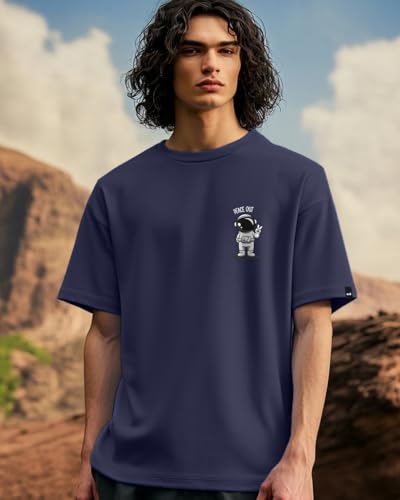 Bewakoof MenS Peace Out Astronaut Graphic Printed 100% Cotton T-Shirt - Oversized Fit, Round Neck, Half Sleeves Blue