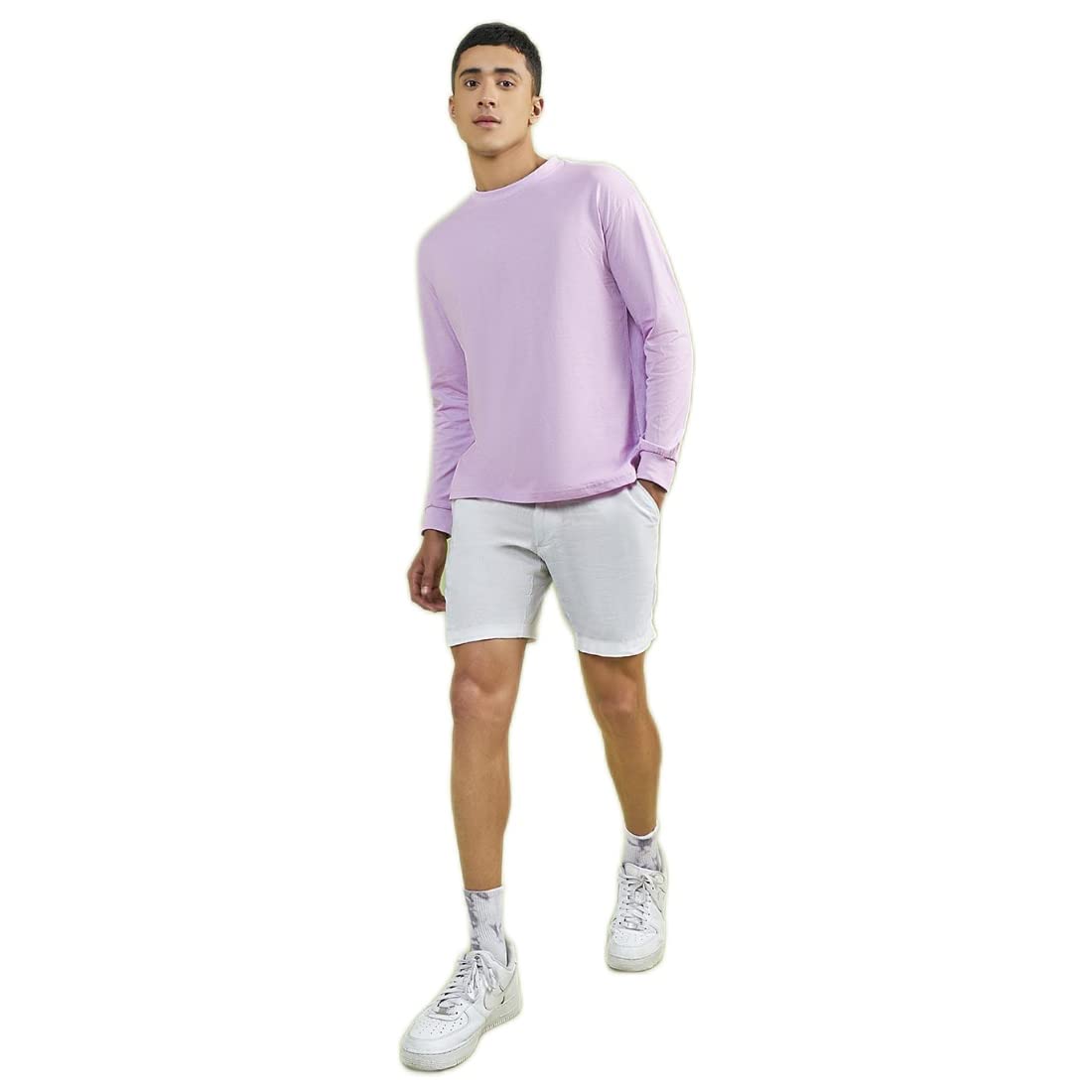 Bewakoof Mens Solid Purple Round Neck Full Sleeve Oversized T-Shirt