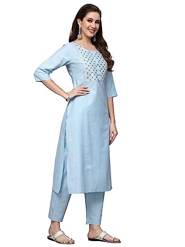 Stylum Women's Woven Design & Embroidered Cotton Blend Straight Kurta Pant Set