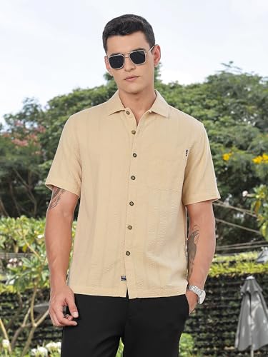 Thomas Scott Mens | Stripes | Seer Sucker Fabric | Spread Collar | Half Sleeve | Casual | Shirts for Men Beige
