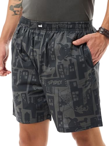 Bewakoof Official Marvel Merchandise Spiderman Mens All Over Printed Regular Fit Poplin Cotton Boxers_635759_Black_2XL