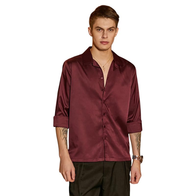 Campus Sutra Mens Burgundy Red Solid Cuban Shirt for Casual Wear | Cuban Collar | Long Cuffed Sleeves | Button Closure | Shirt