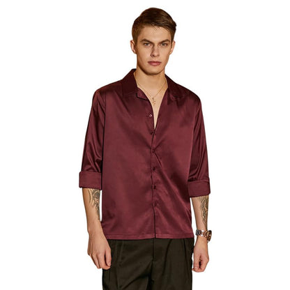 Campus Sutra Mens Burgundy Red Solid Cuban Shirt for Casual Wear | Cuban Collar | Long Cuffed Sleeves | Button Closure | Shirt