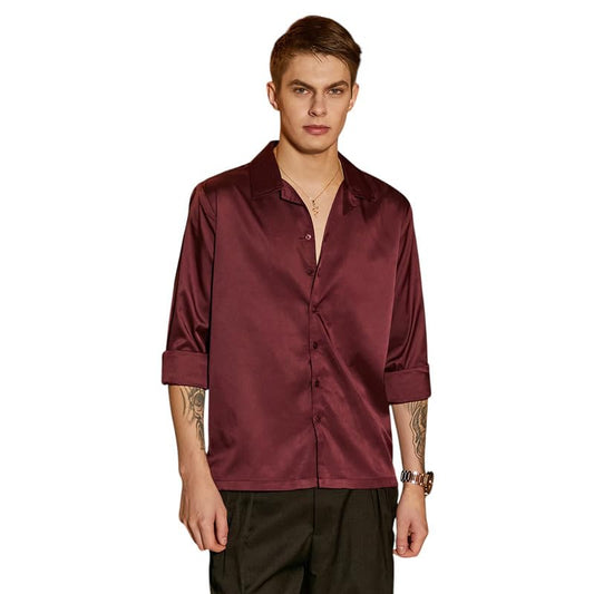 Campus Sutra Mens Burgundy Red Solid Cuban Shirt for Casual Wear | Cuban Collar | Long Cuffed Sleeves | Button Closure | Shirt