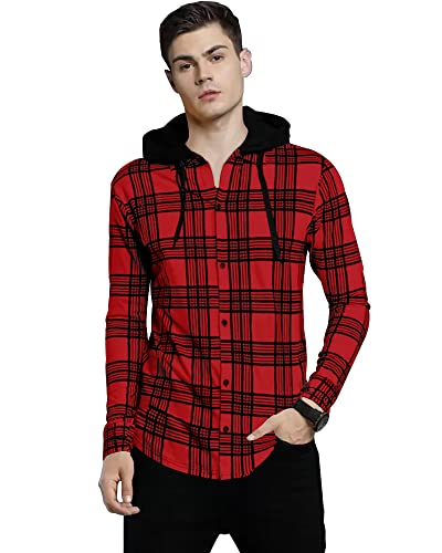 EYEBOGLER Men Checkered Hooded Neck Red T-Shirt
